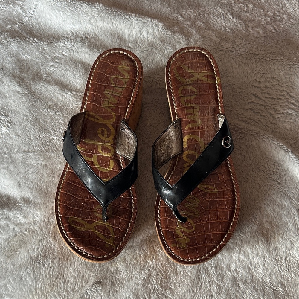 Sam Edelman Black and Brown Leather Wedge Thong Sandals